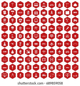100 engineering icons set in red hexagon isolated vector illustration