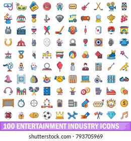 100 entertaiment industry icons set. Cartoon illustration of 100 entertaiment industry vector icons isolated on white background