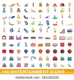 100 entertainment icons set. Cartoon illustration of 100 entertainment icons vector set isolated on white background