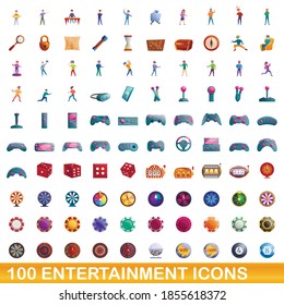 100 entertainment icons set. Cartoon illustration of 100 entertainment icons vector set isolated on white background