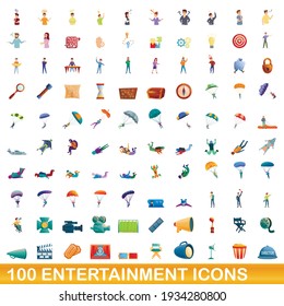 100 entertainment icons set. Cartoon illustration of 100 entertainment icons vector set isolated on white background