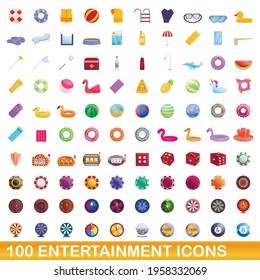 100 iconos de entretenimiento. Ilustración de dibujos animados de 100 iconos de entretenimiento conjunto de vectores aislados en fondo blanco