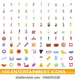 100 iconos de entretenimiento. Ilustración de dibujos animados de 100 iconos de entretenimiento conjunto de vectores aislados en fondo blanco