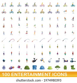 100 entertainment icons set. Cartoon illustration of 100 entertainment icons vector set isolated on white background