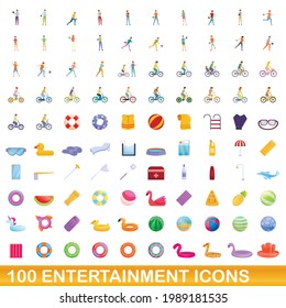 100 iconos de entretenimiento. Ilustración de dibujos animados de 100 iconos de entretenimiento conjunto de vectores aislados en fondo blanco