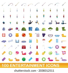 100 iconos de entretenimiento. Ilustración de dibujos animados de 100 iconos de entretenimiento conjunto de vectores aislados en fondo blanco