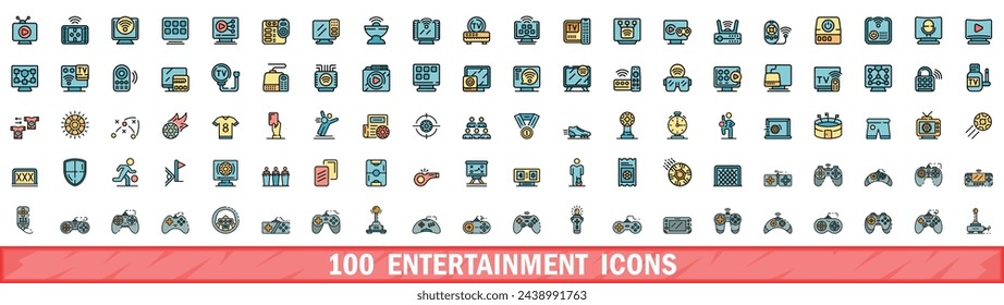 100 entertainment icons set. Color line set of entertainment vector icons thin line color flat on white