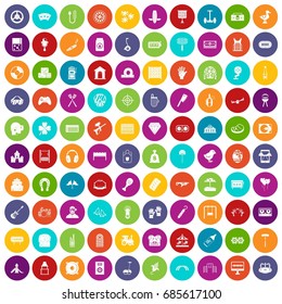 100 entertainment icons set in different colors circle isolated vector illustration
