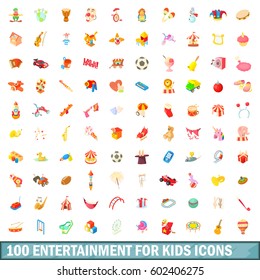 100 entertainment for kids icons set in cartoon style for any design vector illustration