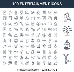 100 Entertainment universal linear icons set with Air pump, Carousel, Ferris wheel, Beer tap, Family, Bouncy castle, Hot air balloon, Roller coaster, Soft drink, Creepy castle