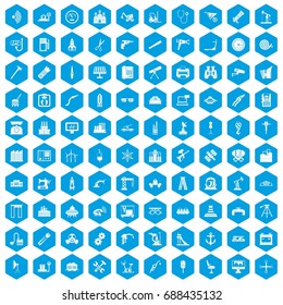 100 equipment icons set in blue hexagon isolated vector illustration