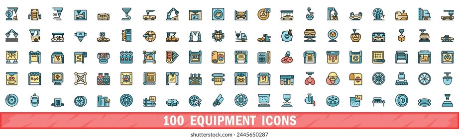 100 equipment icons set. Color line set of equipment vector icons thin line color flat on white