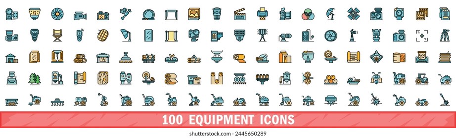 100 equipment icons set. Color line set of equipment vector icons thin line color flat on white