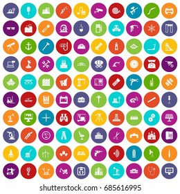 100 equipment icons set in different colors circle isolated vector illustration