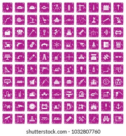 100 equipment icons set in grunge style pink color isolated on white background vector illustration