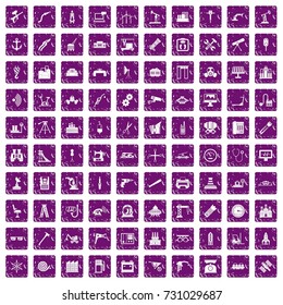100 equipment icons set in grunge style purple color isolated on white background vector illustration