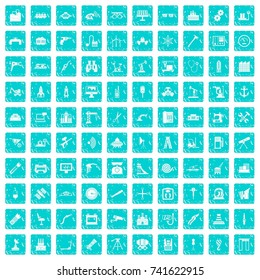 100 equipment icons set in grunge style blue color isolated on white background vector illustration