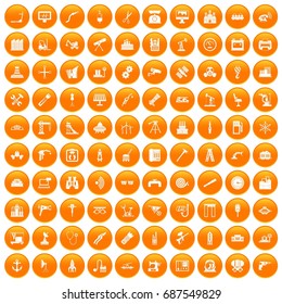 100 equipment icons set in orange circle isolated vector illustration