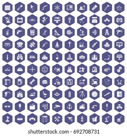 100 equipment icons set in purple hexagon isolated vector illustration