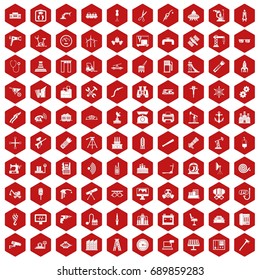 100 equipment icons set in red hexagon isolated vector illustration