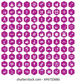 100 equipment icons set in violet hexagon isolated vector illustration