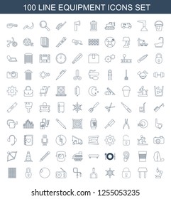 100 equipment icons. Trendy equipment icons white background. Included line icons such as microscope, table, lock, helm, dustpan, skipping rope. equipment icon for web and mobile.