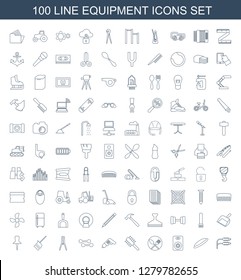 100 equipment icons. Trendy equipment icons white background. Included line icons such as earphone wire, hockey puck, speaker, spoon and fork. equipment icon for web and mobile.