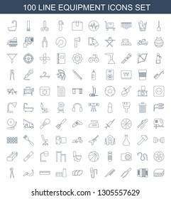100 equipment icons. Trendy equipment icons white background. Included line icons such as sponge, harmonic, tweezers, comb, microphone, garden bench. equipment icon for web and mobile.
