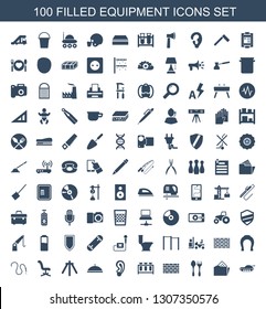 100 equipment icons. Trendy equipment icons white background. Included filled icons such as tank, document in folder, fork and spoon, brick wall. equipment icon for web and mobile.