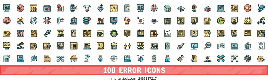 100 error icons set. Color line set of error vector icons thin line color flat on white