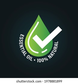 100% essential oil, 100% natural vector icon with drop and tick mark