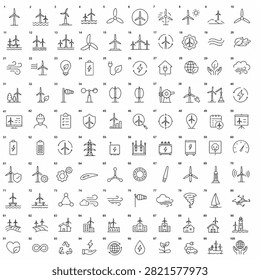 100 essential wind energy, turbine, and renewable power line icons. Perfect for clean energy presentations, wind farm projects, green technology apps, and environmental sustainability designs.