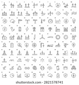 100 essential wind energy, turbine, and renewable power line icons. Perfect for clean energy presentations, wind farm projects, green technology apps, and environmental sustainability designs.