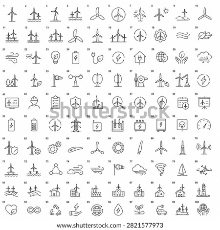 100 essential wind energy, turbine, and renewable power line icons. Perfect for clean energy presentations, wind farm projects, green technology apps, and environmental sustainability designs.