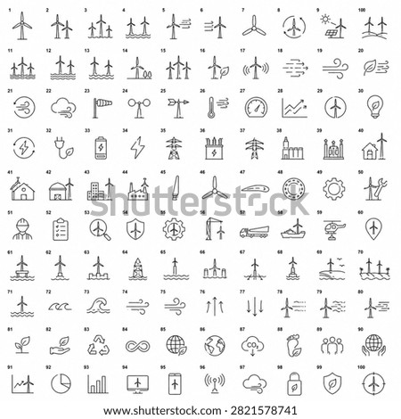 100 essential wind energy, turbine, and renewable power line icons. Perfect for clean energy presentations, wind farm projects, green technology apps, and environmental sustainability designs.