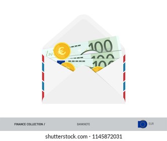100 Euro Banknote. Flat style opened envelope with cash. Dollar banknotes and coins. Salary payout or corruption concept.