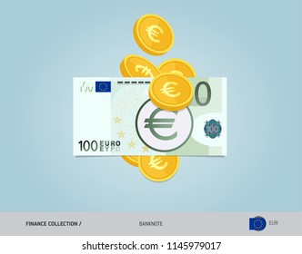 100 Euro Banknote with flying coins. Flat style vector illustration. Finance concept.
