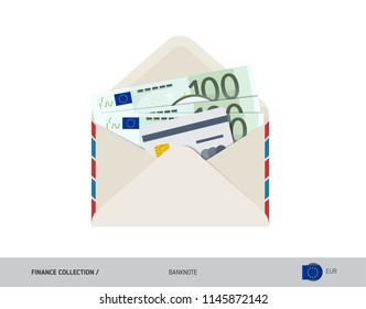 100 Euro Banknotes in envelope hold in hand. Flat style opened white envelope with cash. Salary payout or corruption concept.