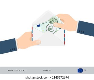 100 Euro Banknotes in envelope hold in hand. Flat style opened white envelope with cash. Salary payout or corruption concept.