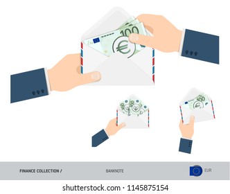 100 Euro Banknotes in envelope hold in hand. Set of flat style opened white envelopes with cash. Salary payout or corruption concept.