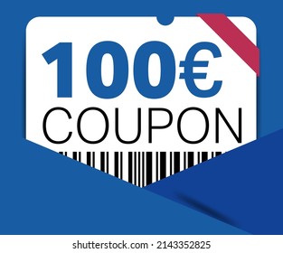 100 Euro Coupon promotion sale for a website, internet ads, social media gift 100 off discount voucher. Big sale and super sale coupon discount. Price Tag Mega Coupon discount with vector illustration