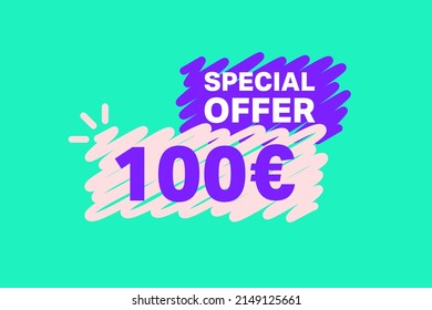 100 Euro OFF Sale Discount banner shape template. Super Sale Euro 100 Special offer badge end of the season sale coupon bubble icon. Modern concept design. Discount offer price tag vector illustration