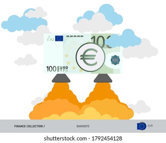 100 Euro rising as a rocket. Flat style vector illustration.