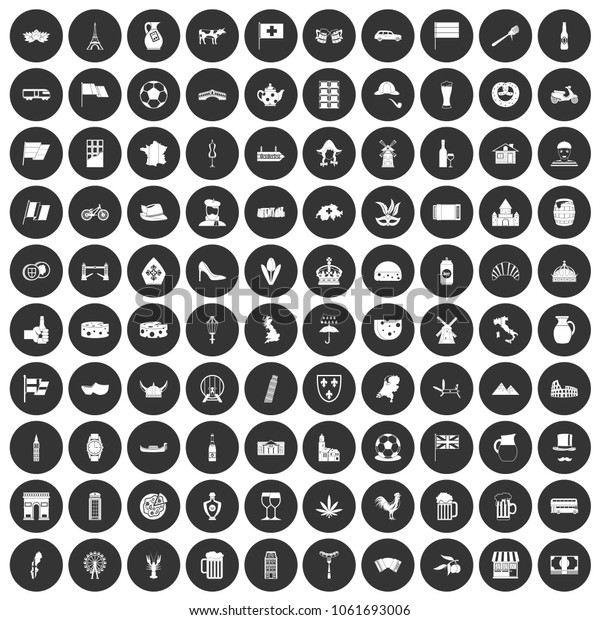 100 europe countries icons set in simple\
style white on black circle color isolated on white background\
vector illustration