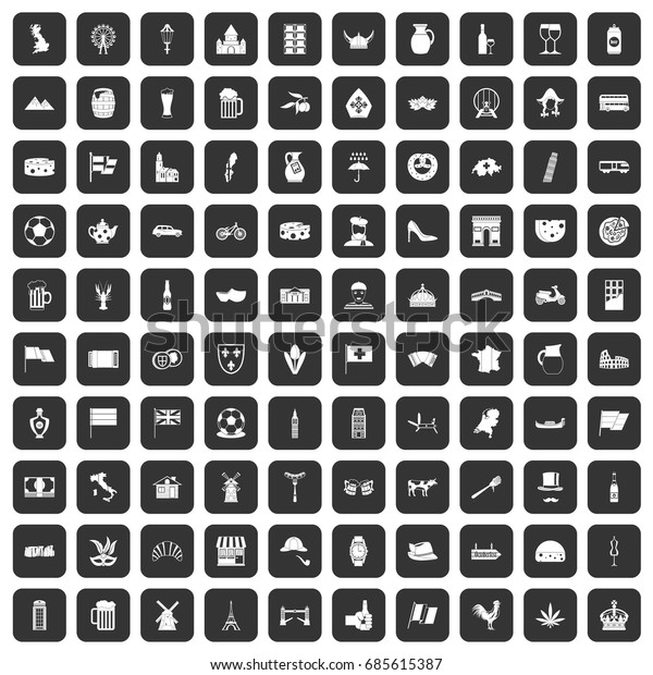 100 europe countries icons set in black\
color isolated vector\
illustration