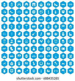 100 Europe icons set in blue hexagon isolated vector illustration