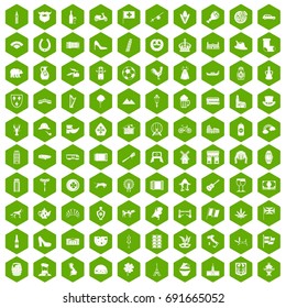 100 Europe icons set in green hexagon isolated vector illustration