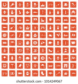 100 Europe icons set in grunge style orange color isolated on white background vector illustration