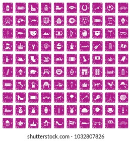 100 Europe icons set in grunge style pink color isolated on white background vector illustration