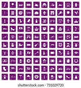 100 Europe icons set in grunge style purple color isolated on white background vector illustration